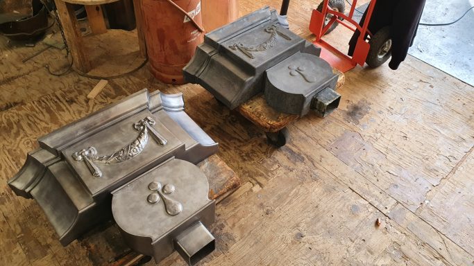 Ornamental lead rainwater hopping head for a listed building in Grosvenor Square in London