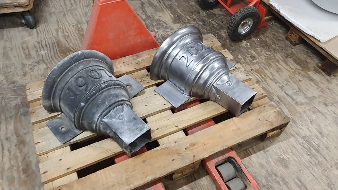 Ornamental lead rainwater hopping head going to a property in Ireland